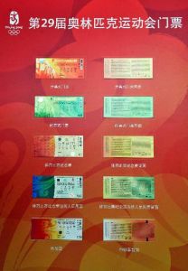 2008年4月23日，北京奥组委在奥运新闻中心新闻发布厅召开新闻发布会。奥组委票务中心负责人介绍了北京奥运会第三阶段票务销售情况，并在现场展示奥运门票票样。图为第29届奥林匹克运动会门票票样。