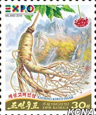 　朝鲜为纪念参加意大利米兰世博会，发行了1枚新邮票。纪念邮票上印有朝鲜特产——开城高丽人参。（朝中社）