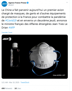 法新社3月19日援引法国外交部长的发言称，为了帮助法国对抗疫情，中国向法国运送了口罩、手套和其他防护设备，并将于法国时间周四运送剩下的物资。