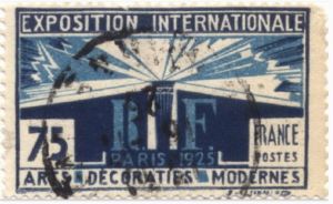 1925年法国发行1套6枚巴黎世博会纪念邮票之一：光与自由

（邮票下沿写有：艺术、装饰、现代）