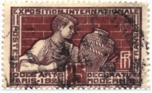 1925年法国发行1套6枚巴黎世博会纪念邮票之一：瓷瓶绘匠
