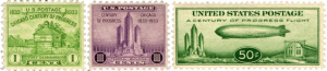 1¢黄绿色的福特迪尔伯恩堡（Fort Dearborn），于1933年5月25日发行
1933年5月25日发行的3¢紫罗兰色联邦大厦
50美分的绿色，，齐柏林飞艇，1933年10月2日发行