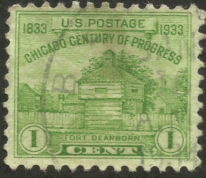 1¢黄绿色的福特迪尔伯恩堡（Fort Dearborn），于1933年5月25日发行 
