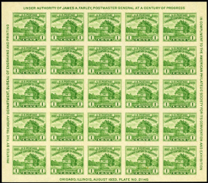 芝加哥，一个世纪的进步，1美分， 1933年8月25日，黄绿色