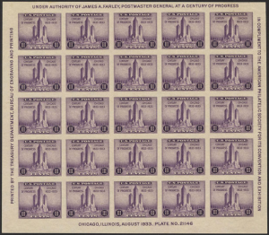 进步的世纪，1833-1933，3美分，紫色，芝加哥联邦大楼，1933年5月25日