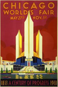 1933芝加哥世博会海报上的美国国会大厦和美国联邦大楼