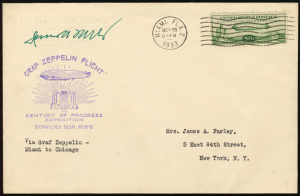 从迈阿密飞到芝加哥的邮票信封上的50美分齐柏林飞艇的邮票，带有压纹角卡和 James Farley